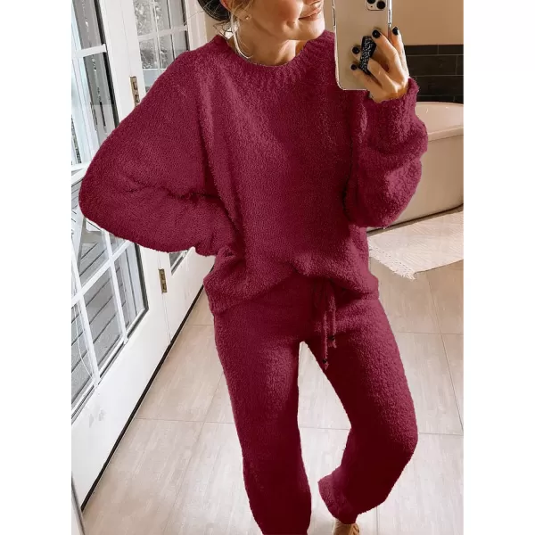 luvamia Womens Casual Pajama Set Fuzzy Fleece Knitted Long Sleeve Pj LoungewearRuby Wine