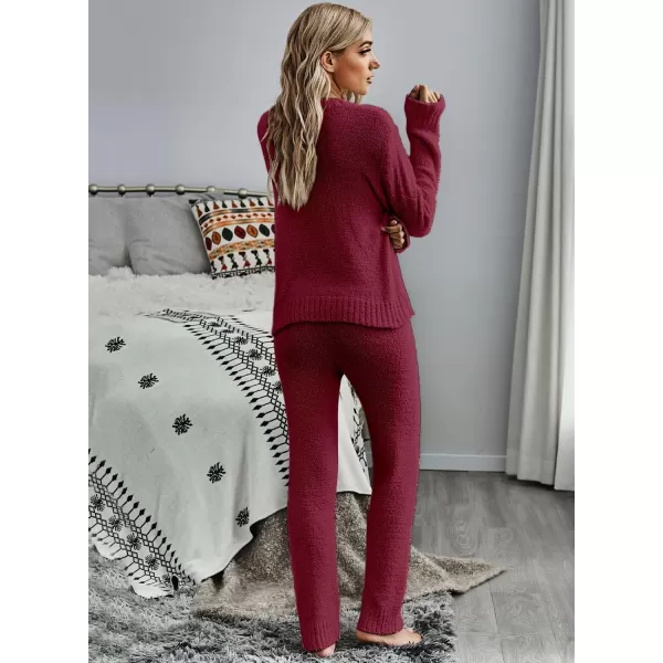 luvamia Womens Casual Pajama Set Fuzzy Fleece Knitted Long Sleeve Pj LoungewearRuby Wine