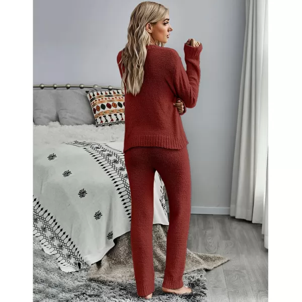 luvamia Womens Casual Pajama Set Fuzzy Fleece Knitted Long Sleeve Pj LoungewearRust