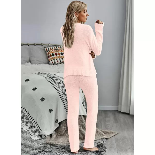 luvamia Womens Casual Pajama Set Fuzzy Fleece Knitted Long Sleeve Pj LoungewearSoft Pink