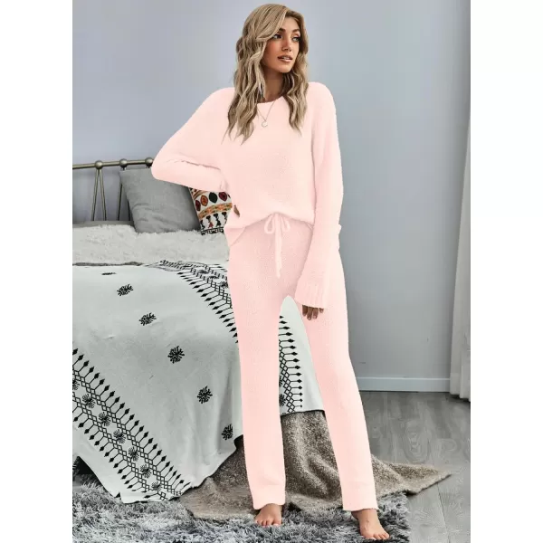 luvamia Womens Casual Pajama Set Fuzzy Fleece Knitted Long Sleeve Pj LoungewearSoft Pink