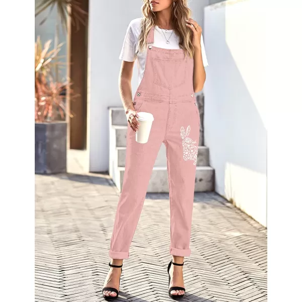 luvamia Womens Casual Stretch Adjustable Denim Bib Overalls Jeans Pants JumpsuitsA4 Rabbit Print Pink