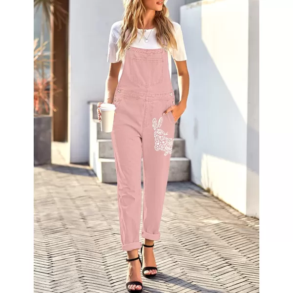 luvamia Womens Casual Stretch Adjustable Denim Bib Overalls Jeans Pants JumpsuitsA4 Rabbit Print Pink