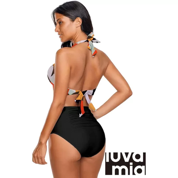 luvamia Womens Halter Self Tie Ruched High Waist Two Piece Bikini Set SwimsuitsAbstract Blocks