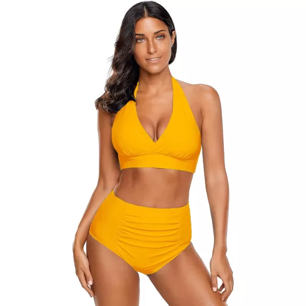 luvamia Womens Halter Self Tie Ruched High Waist Two Piece Bikini Set SwimsuitsCitrus Yellow