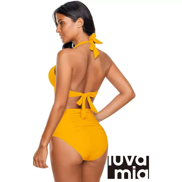 luvamia Womens Halter Self Tie Ruched High Waist Two Piece Bikini Set SwimsuitsCitrus Yellow