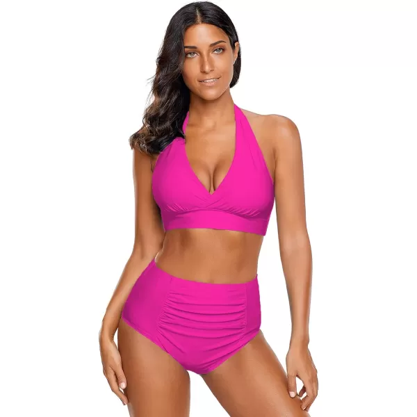 luvamia Womens Halter Self Tie Ruched High Waist Two Piece Bikini Set SwimsuitsHot Pink