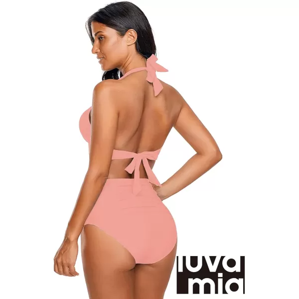 luvamia Womens Halter Self Tie Ruched High Waist Two Piece Bikini Set SwimsuitsQuartz Pink