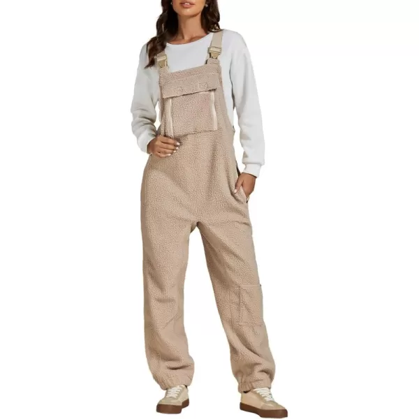 luvamia Sherpa Overalls for Women Baggy Warm Bib Fleece Fuzzy Winter Jumpsuits Adjustable Strap Overall with Zip PocketsBeige