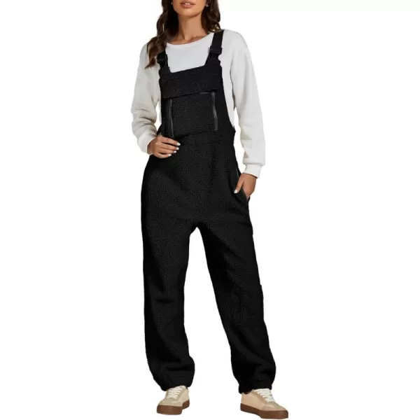 luvamia Sherpa Overalls for Women Baggy Warm Bib Fleece Fuzzy Winter Jumpsuits Adjustable Strap Overall with Zip PocketsBlack