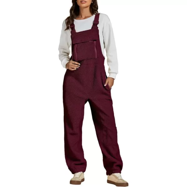 luvamia Sherpa Overalls for Women Baggy Warm Bib Fleece Fuzzy Winter Jumpsuits Adjustable Strap Overall with Zip PocketsBurgundy