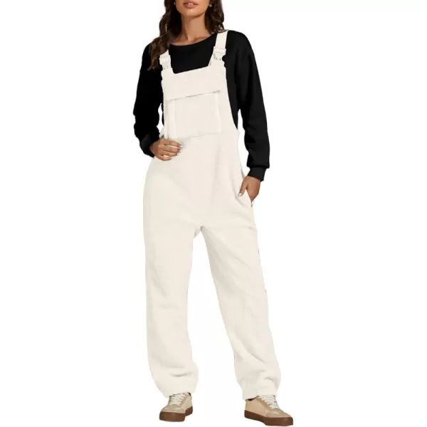 luvamia Sherpa Overalls for Women Baggy Warm Bib Fleece Fuzzy Winter Jumpsuits Adjustable Strap Overall with Zip PocketsIvory