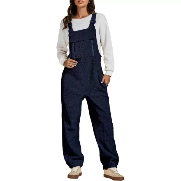 luvamia Sherpa Overalls for Women Baggy Warm Bib Fleece Fuzzy Winter Jumpsuits Adjustable Strap Overall with Zip PocketsNavy Blue