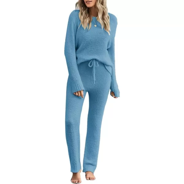 luvamia Womens Casual Pajama Set Fuzzy Fleece Knitted Long Sleeve Pj LoungewearBlue