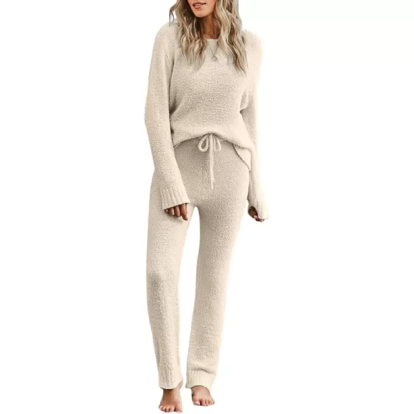 luvamia Womens Casual Pajama Set Fuzzy Fleece Knitted Long Sleeve Pj LoungewearButtercream