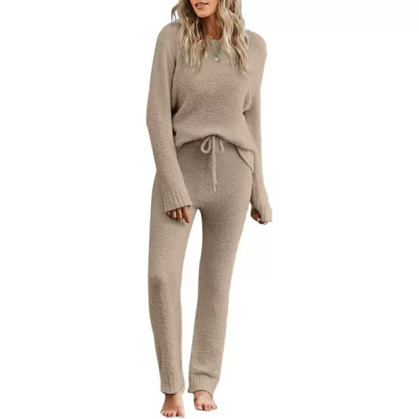 luvamia Womens Casual Pajama Set Fuzzy Fleece Knitted Long Sleeve Pj LoungewearLight Taupe