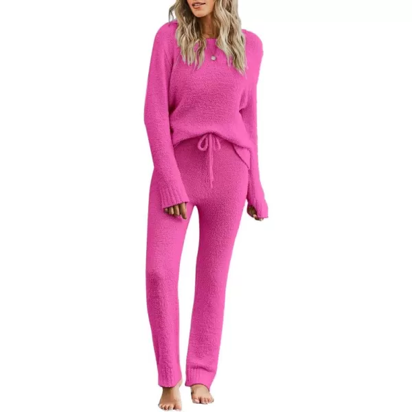 luvamia Womens Casual Pajama Set Fuzzy Fleece Knitted Long Sleeve Pj LoungewearMagenta