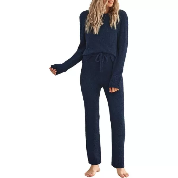 luvamia Womens Casual Pajama Set Fuzzy Fleece Knitted Long Sleeve Pj LoungewearNavy Blue