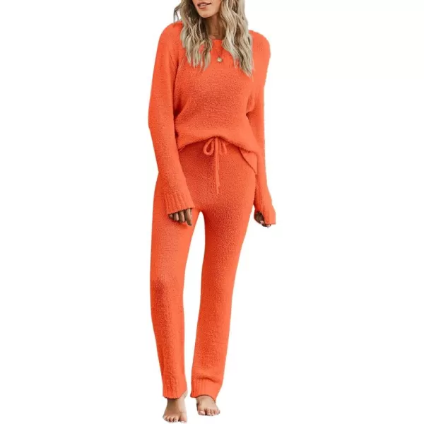 luvamia Womens Casual Pajama Set Fuzzy Fleece Knitted Long Sleeve Pj LoungewearOrange