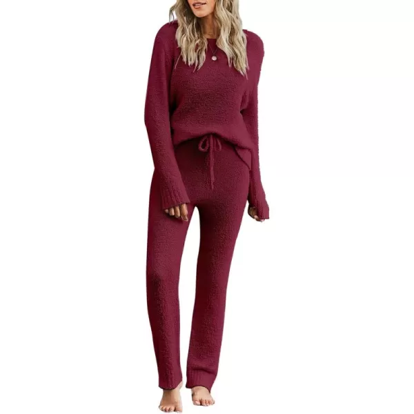 luvamia Womens Casual Pajama Set Fuzzy Fleece Knitted Long Sleeve Pj LoungewearRuby Wine