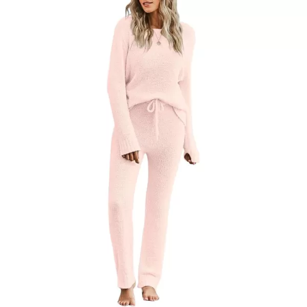 luvamia Womens Casual Pajama Set Fuzzy Fleece Knitted Long Sleeve Pj LoungewearSoft Pink