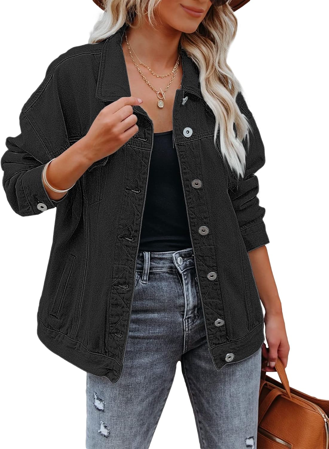 luvamia Womens Jean Jacket Oversized Boyfriend Trucker Denim Jackets for Women ShacketC Vintage Black