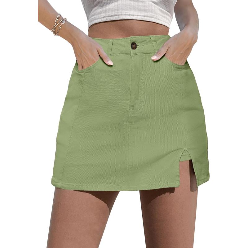 imageluvamia Skorts Skirts for Women Denim Mini Skirt Side Slit with High Waisted Jean Shorts StretchyLaurel Green