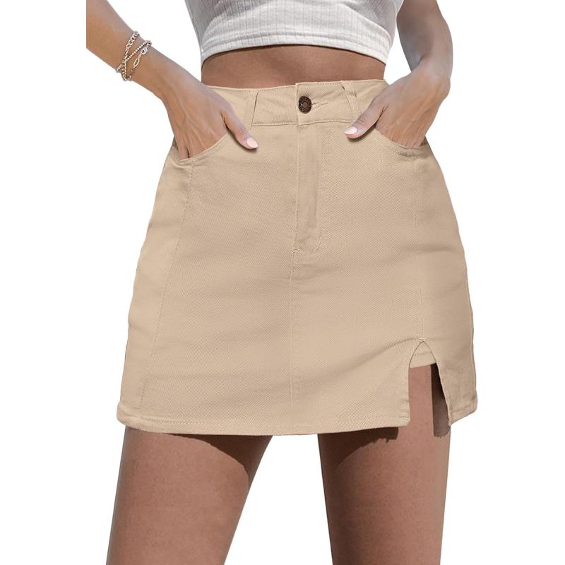 imageluvamia Skorts Skirts for Women Denim Mini Skirt Side Slit with High Waisted Jean Shorts StretchyLight Khaki