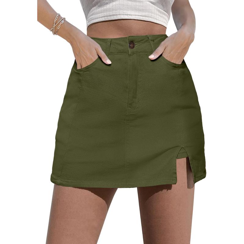 imageluvamia Skorts Skirts for Women Denim Mini Skirt Side Slit with High Waisted Jean Shorts StretchyOlive Green