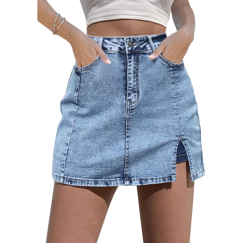 imageluvamia Skorts Skirts for Women Denim Mini Skirt Side Slit with High Waisted Jean Shorts StretchyRoadknight Blue Acid Wash