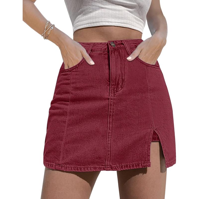 imageluvamia Skorts Skirts for Women Denim Mini Skirt Side Slit with High Waisted Jean Shorts StretchyRumba Red