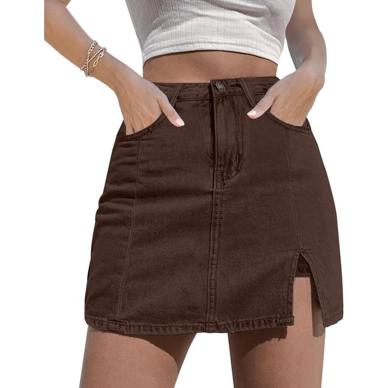 imageluvamia Skorts Skirts for Women Denim Mini Skirt Side Slit with High Waisted Jean Shorts StretchyRustic Brown