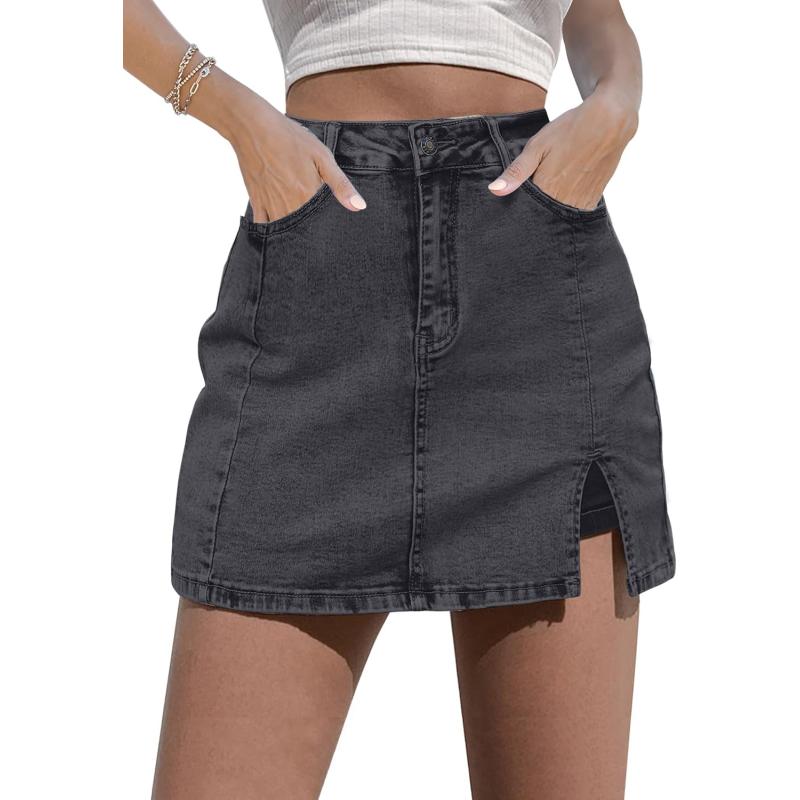 imageluvamia Skorts Skirts for Women Denim Mini Skirt Side Slit with High Waisted Jean Shorts StretchyStone Gray