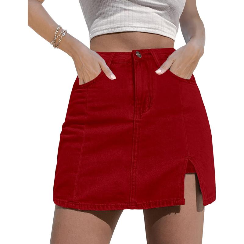 imageluvamia Skorts Skirts for Women Denim Mini Skirt Side Slit with High Waisted Jean Shorts StretchyTrue Red