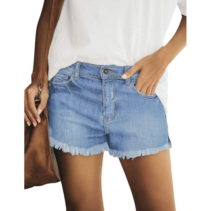 imageluvamia Womens Casual Mid Rise Denim Shorts Stretch Ripped Raw Hem Jean ShortsIndigo Blue Tides