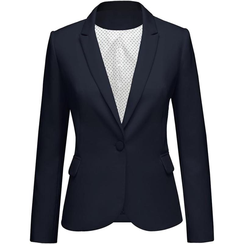imageluvamia Womens Long Sleeve Formal Notch Lapel Button Down Blazer Pockets JacketB Navy Blue1one Button