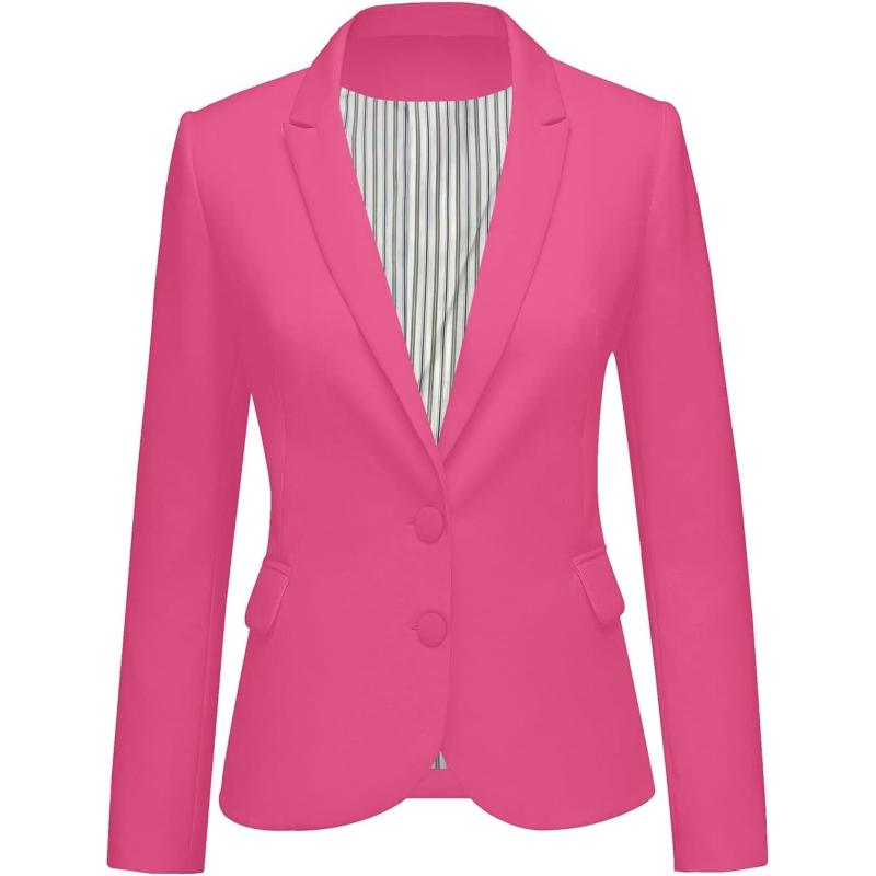 imageluvamia Womens Long Sleeve Formal Notch Lapel Button Down Blazer Pockets JacketHot Pink W Striped Lining