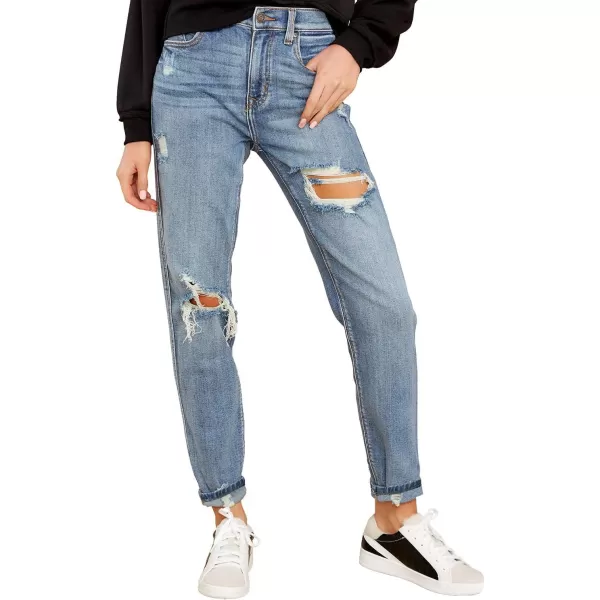 luvamia Boyfriend Jeans for Women Stretch High Waisted Ripped Distressed Mom Jeans Slim Denim PantsA Modern Blue