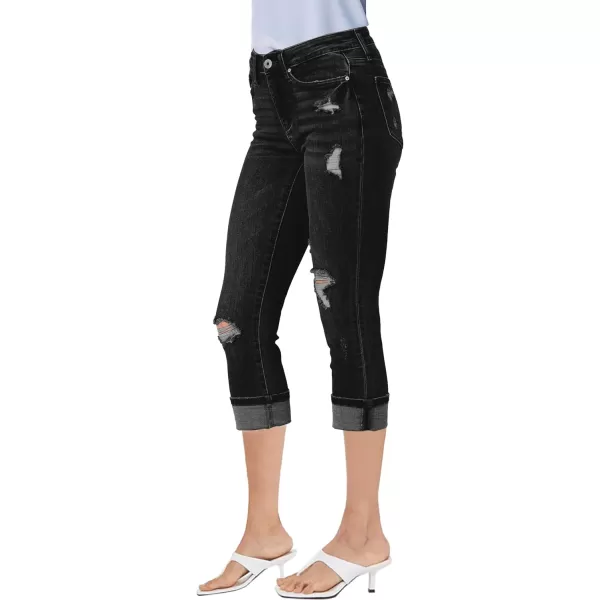 luvamia Capri Jeans for Women Stretch High Waisted Distressed Denim Capris Ripped Skinny Cropped PantsBlack