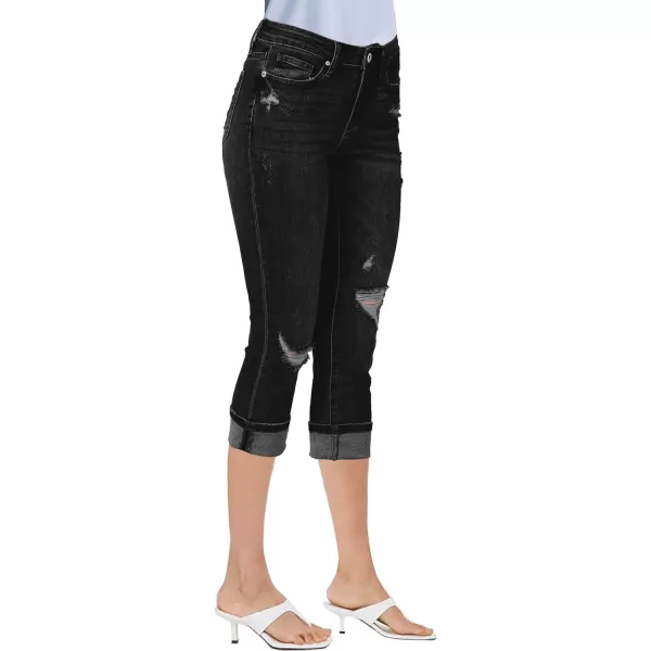 luvamia Capri Jeans for Women Stretch High Waisted Distressed Denim Capris Ripped Skinny Cropped PantsBlack