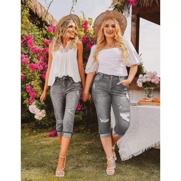 luvamia Capri Jeans for Women Stretch High Waisted Distressed Denim Capris Ripped Skinny Cropped PantsGray