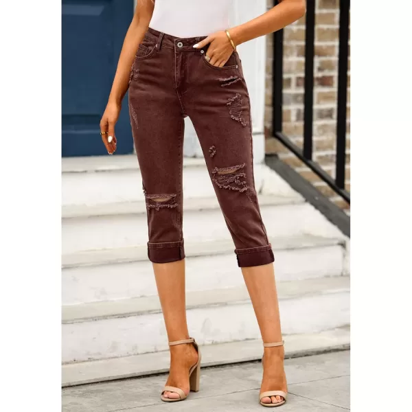 luvamia Capri Jeans for Women Stretch High Waisted Distressed Denim Capris Ripped Skinny Cropped PantsHot Chocolate