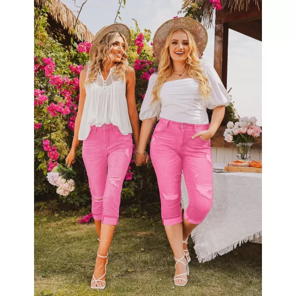 luvamia Capri Jeans for Women Stretch High Waisted Distressed Denim Capris Ripped Skinny Cropped PantsHot Pink