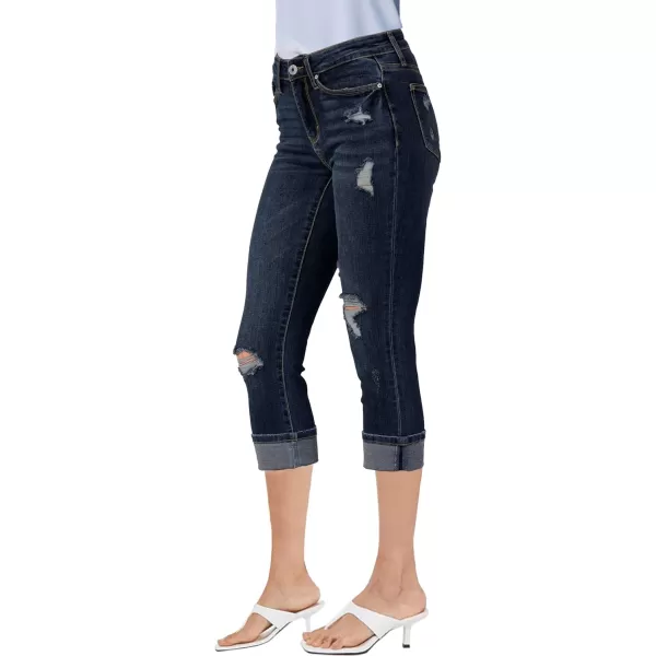 luvamia Capri Jeans for Women Stretch High Waisted Distressed Denim Capris Ripped Skinny Cropped PantsIndigo Dark Blue