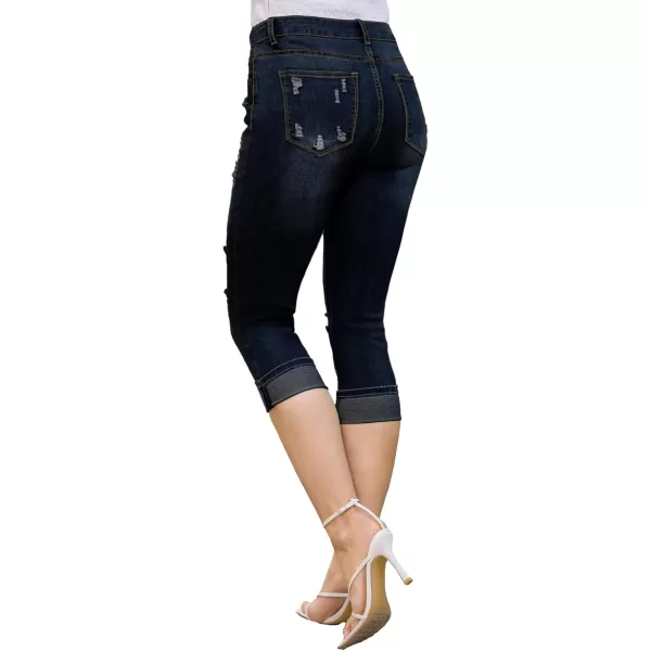 luvamia Capri Jeans for Women Stretch High Waisted Distressed Denim Capris Ripped Skinny Cropped PantsIndigo Dark Blue