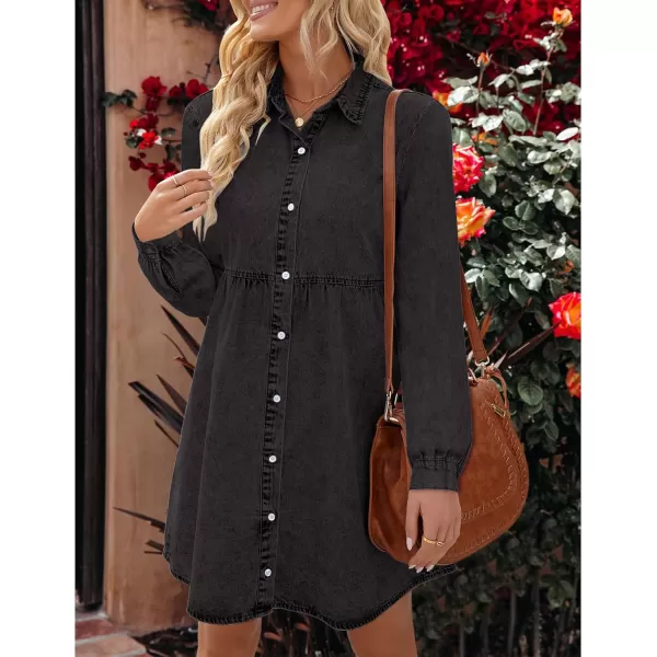 luvamia Denim Dress for Women Babydoll Flowy Cute Jean Shirt Dresses Long SleevesA Vintage Black