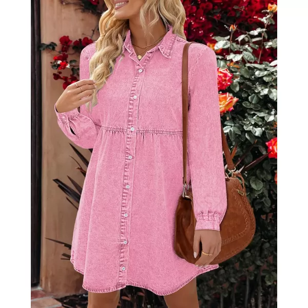 luvamia Denim Dress for Women Babydoll Flowy Cute Jean Shirt Dresses Long SleevesB Aurora Pink