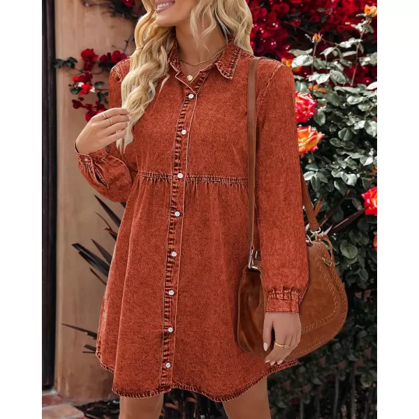 luvamia Denim Dress for Women Babydoll Flowy Cute Jean Shirt Dresses Long SleevesB Burnt Orange