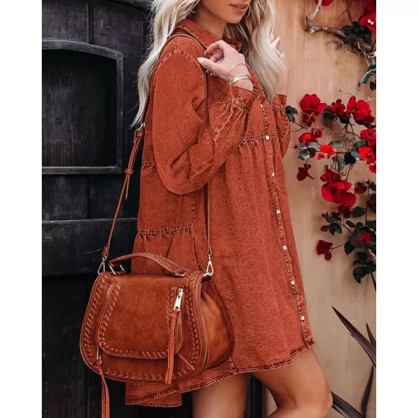 luvamia Denim Dress for Women Babydoll Flowy Cute Jean Shirt Dresses Long SleevesB Burnt Orange