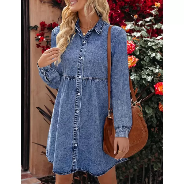 luvamia Denim Dress for Women Babydoll Flowy Cute Jean Shirt Dresses Long SleevesBay Blue